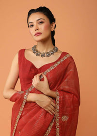 Vermillion Red Saree In Zari Kota Silk With Gotta Patti Embroidered Buttis And Border Design