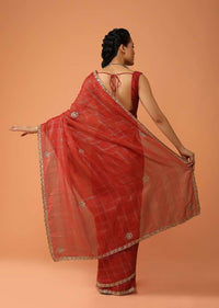 Vermillion Red Saree In Zari Kota Silk With Gotta Patti Embroidered Buttis And Border Design