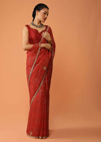 Vermillion Red Saree In Zari Kota Silk With Gotta Patti Embroidered Buttis And Border Design