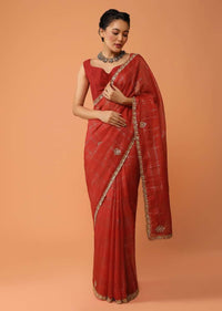 Vermillion Red Saree In Zari Kota Silk With Gotta Patti Embroidered Buttis And Border Design