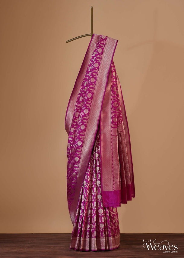 Magenta Pink Saree In Banarasi Silk With Floral Jaal Weave And An Unstitched Blouse