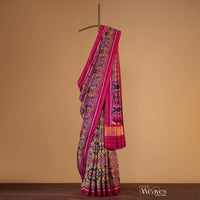 Hot Pink Handloom Double Ikat Patola Woven Saree In Linen With An Unstitched Blouse