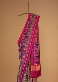 Hot Pink Handloom Double Ikat Patola Woven Saree In Linen With An Unstitched Blouse