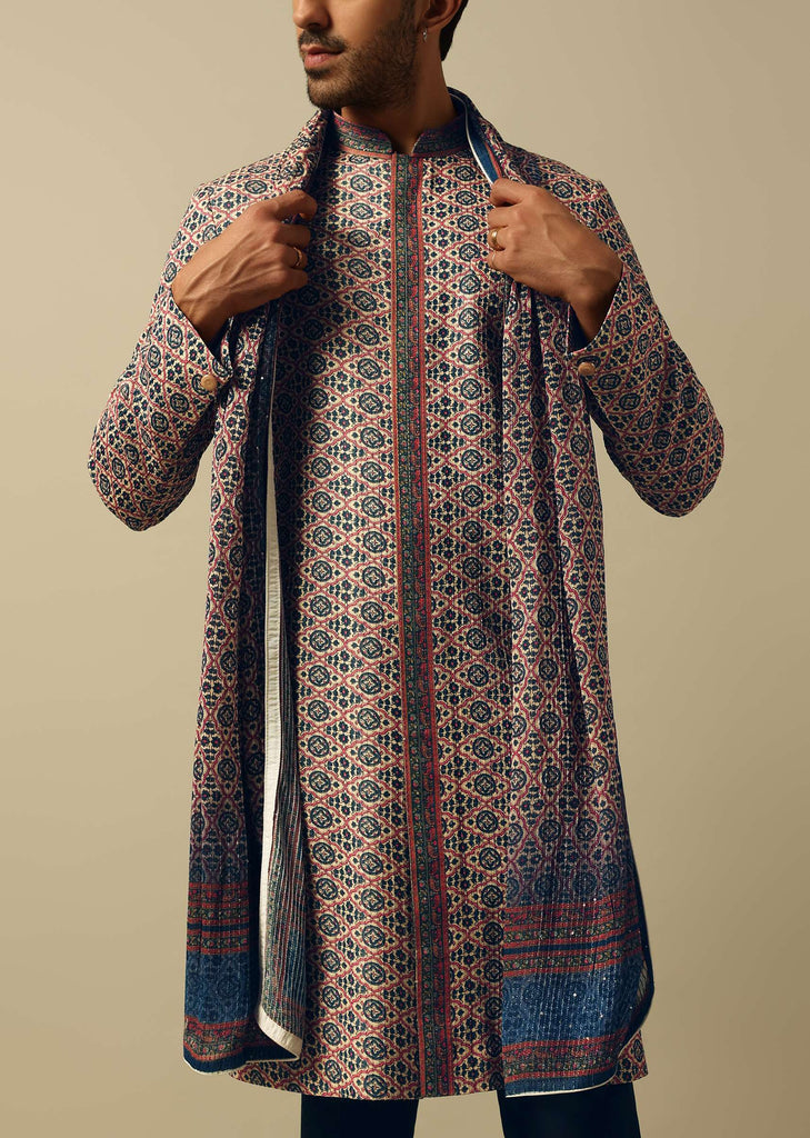 Vibrant Multi Cotton Silk Kurta Set For Men