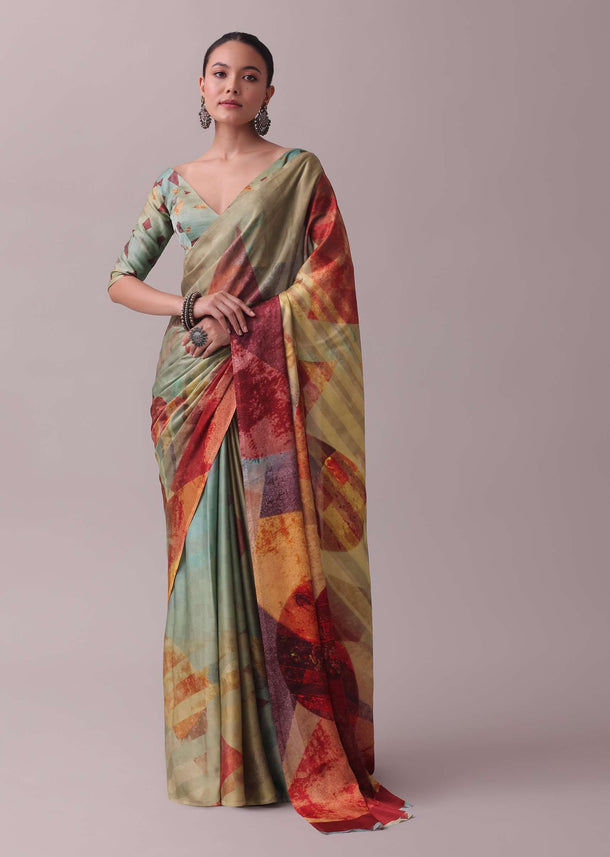 Vibrant Multicolor Saree In Satin With Abstract Print