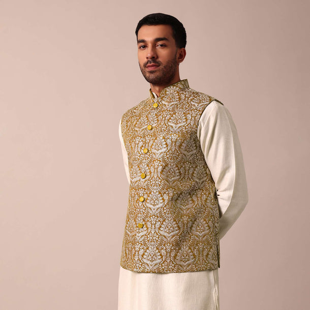 Vibrant Yellow Jacket Kurta Set For Men