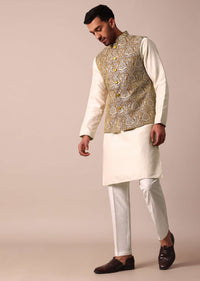 Vibrant Yellow Jacket Kurta Set For Men