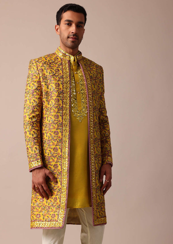 Vibrant Yellow Silk Embroidered Sherwani Set