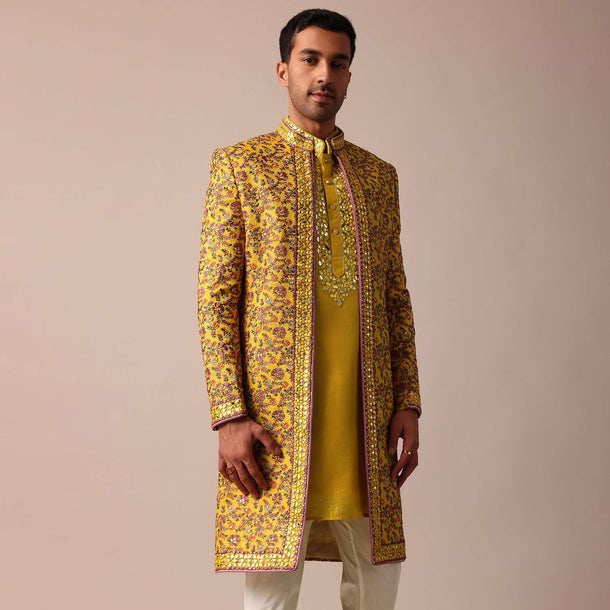 Vibrant Yellow Silk Embroidered Sherwani Set