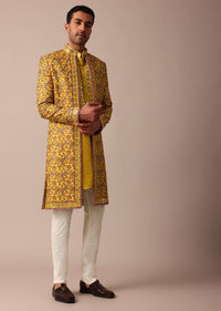 Vibrant Yellow Silk Embroidered Sherwani Set