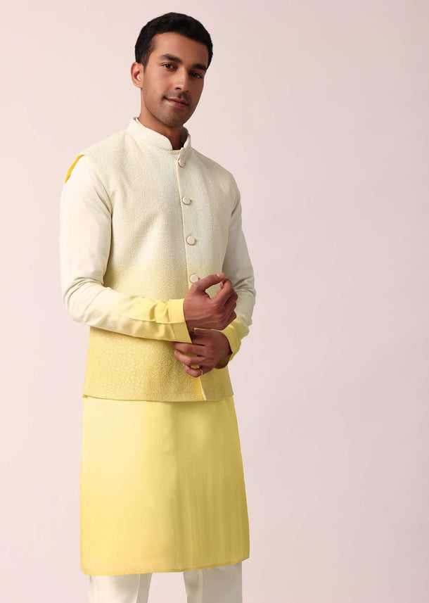 Vibrant Yellow Silk Jacket Kurta Set For Men