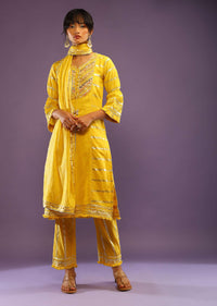 Vibrant Yellow Straight Cut Suit In Cotton With Embroidered Yoke And Woven Stripes