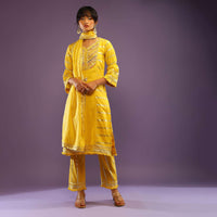 Vibrant Yellow Straight Cut Suit In Cotton With Embroidered Yoke And Woven Stripes