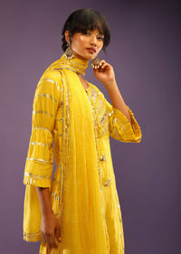Vibrant Yellow Straight Cut Suit In Cotton With Embroidered Yoke And Woven Stripes