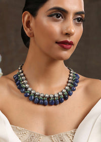 Victorian Inspired Necklace With Cubic Zirconia Lined Polki, Blue And Green Stones By Paisley Pop