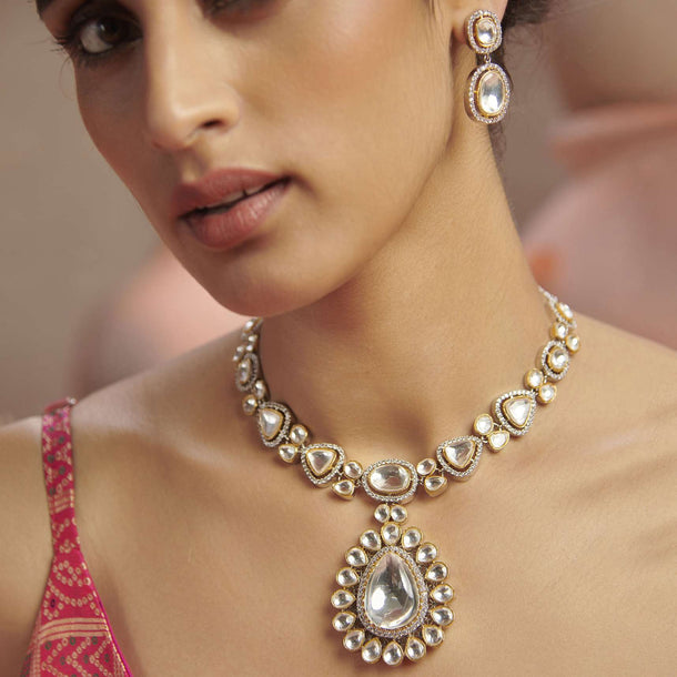 Victorian Polki Necklace And Earrings Set With Cubic Zirconia