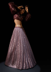 Vintage Rose Pink Sequins Lehenga With A Balloon Sleeves Crop Top Featuring Embroidered Lapel Collar Neckline