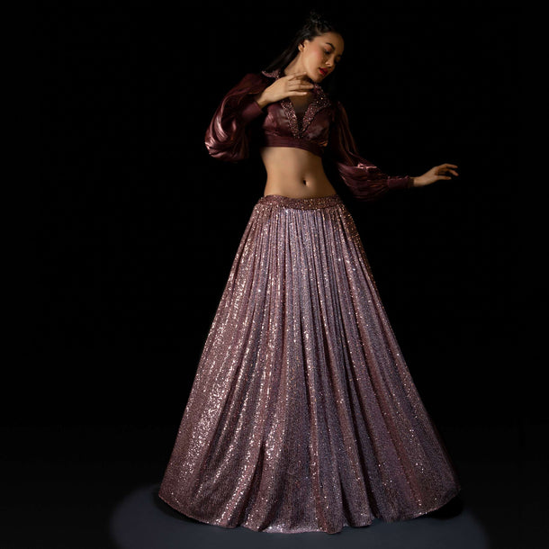 Vintage Rose Pink Sequins Lehenga With A Balloon Sleeves Crop Top Featuring Embroidered Lapel Collar Neckline