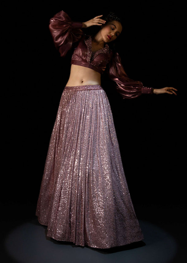 Vintage Rose Pink Sequins Lehenga With A Balloon Sleeves Crop Top Featuring Embroidered Lapel Collar Neckline