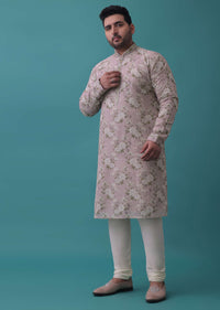 Vintage Floral Embroidered Kurta Set In Powder Pink