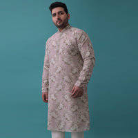 Powder Pink Embroidered Kurta Set With Vintage Floral Print