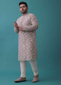 Vintage Floral Embroidered Kurta Set In Powder Pink