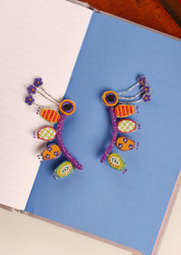 Violet And Multicolor Hand Embroidered Thread And Beaded Boho Stud Earrings