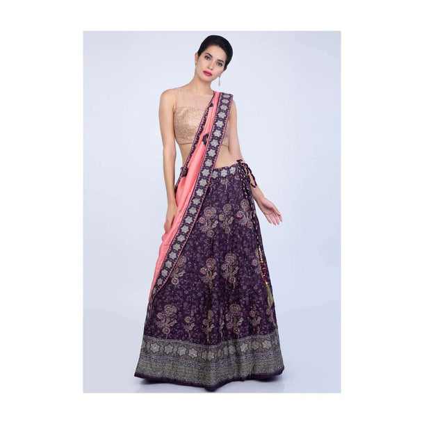 Violet shade floral printed silk lehenga with contrasting punch pink crepe silk dupatta only on Kalki