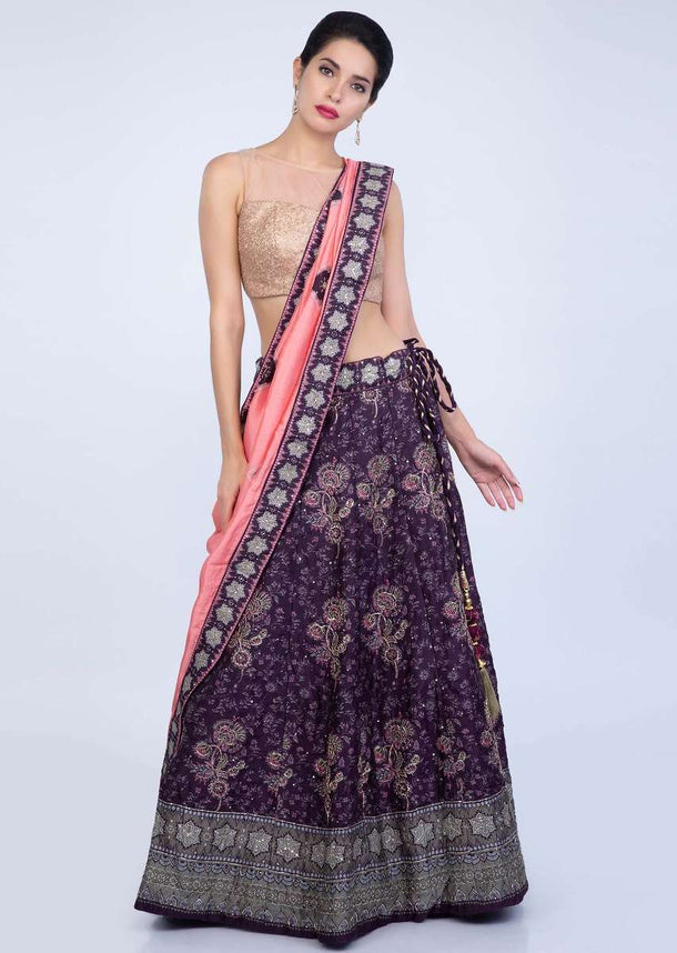 Violet shade floral printed silk lehenga with contrasting punch pink crepe silk dupatta only on Kalki