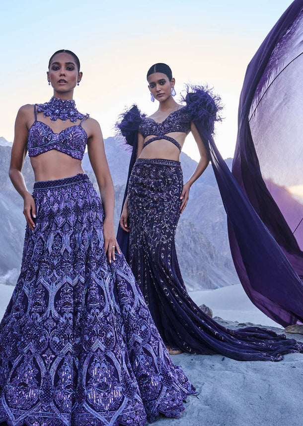 Violet Embroidered Fish Cut Lehenga Set With Attached Trail