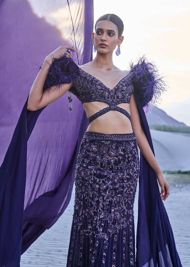 Violet Embroidered Fish Cut Lehenga Set With Attached Trail