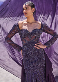 Violet Embroidered Fitted Slit Gown With Sweetheart Neckline