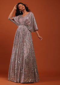 Violet Ice Purple Crushed Sequin Kaftan Gown With An Embellished Waistbelt