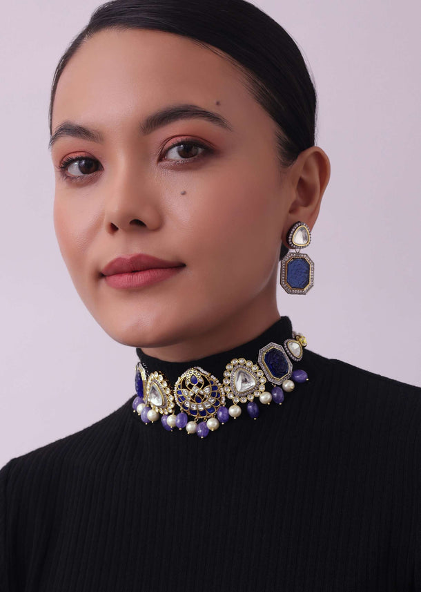 Violet Jadau Choker And Earring Set In Gold Finish With Stones