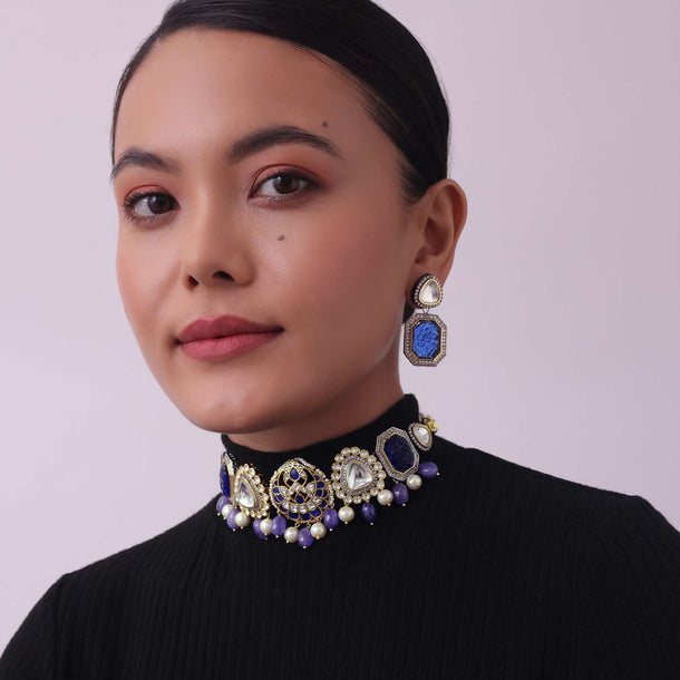 Violet Jadau Choker And Earring Set In Gold Finish With Stones