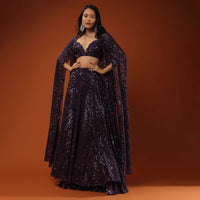 Violet palazzo And Crop Top In Sequins Embroidery, Extended Jacket In Cape Sleeves