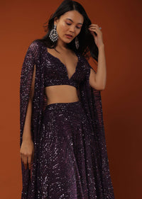 Violet palazzo And Crop Top In Sequins Embroidery, Extended Jacket In Cape Sleeves