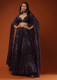 Violet palazzo And Crop Top In Sequins Embroidery, Extended Jacket In Cape Sleeves