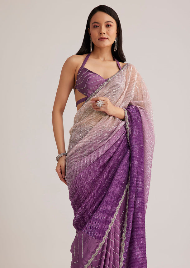 Violet Ombre Sequins Saree With Scallop Border
