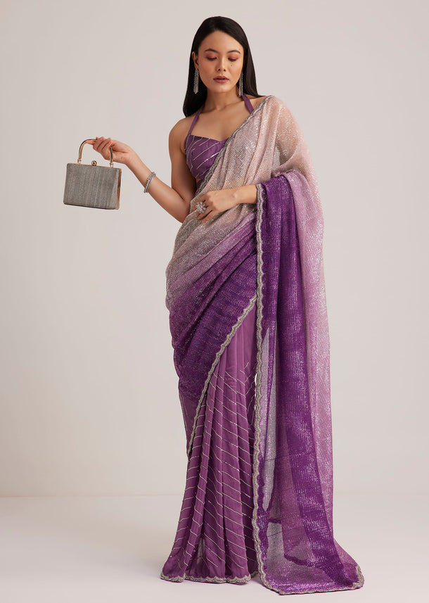 Violet Ombre Sequins Saree With Scallop Border