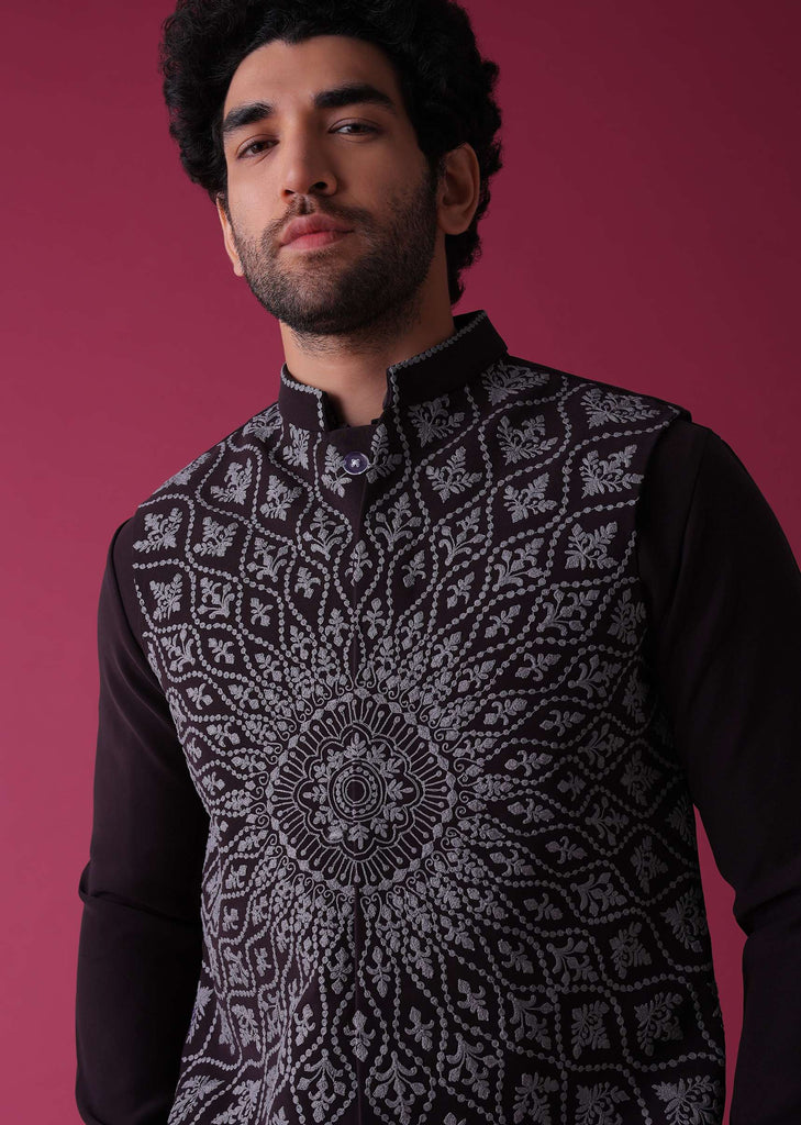 Violet Purple Jacket Kurta Set In Silk With Threadwork