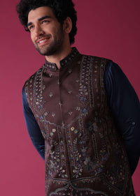 Violet Purple Jacket Kurta Set In Art Silk With Threadwork