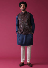 Violet Purple Jacket Kurta Set In Art Silk With Threadwork