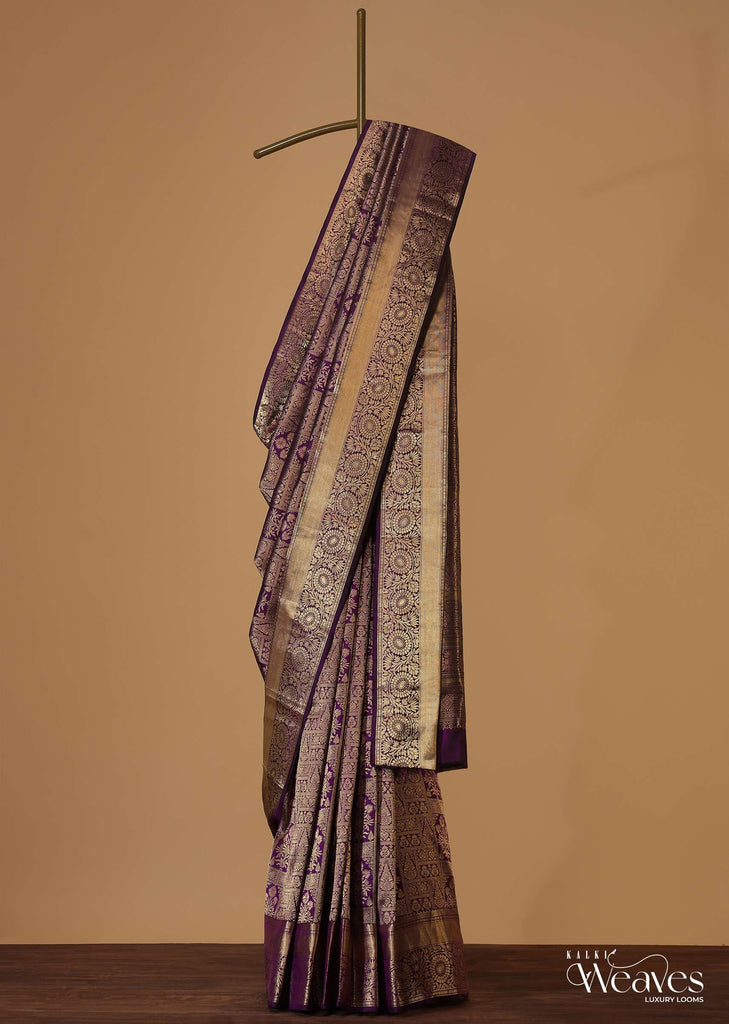 Violet Purple Kanjivaram Saree In Pure Silk With Unstitched Blouse