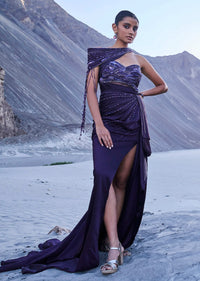 Violet Satin Embroidered Gown With One Shoulder Sash