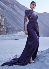 Violet Satin Embroidered Gown With One Shoulder Sash