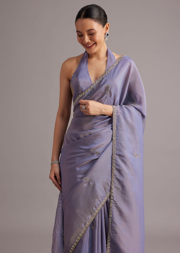 Violet Tissue Silk Saree With Cutdana And Sequin Embroidered Border