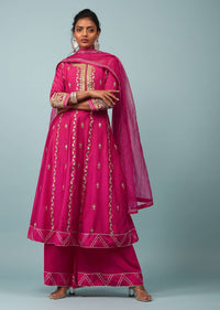 Virtual Pink Embroidered Palazzo Suit Set In Cotton Silk