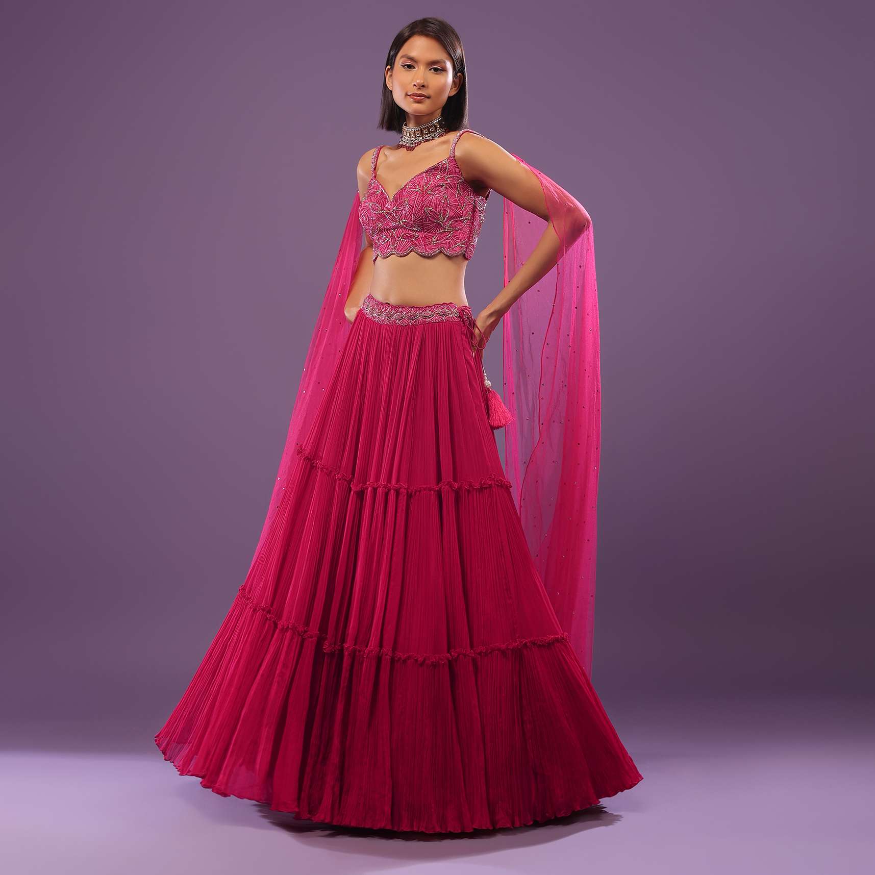 Hot Pink Lehenga Set In Viscose Georgette