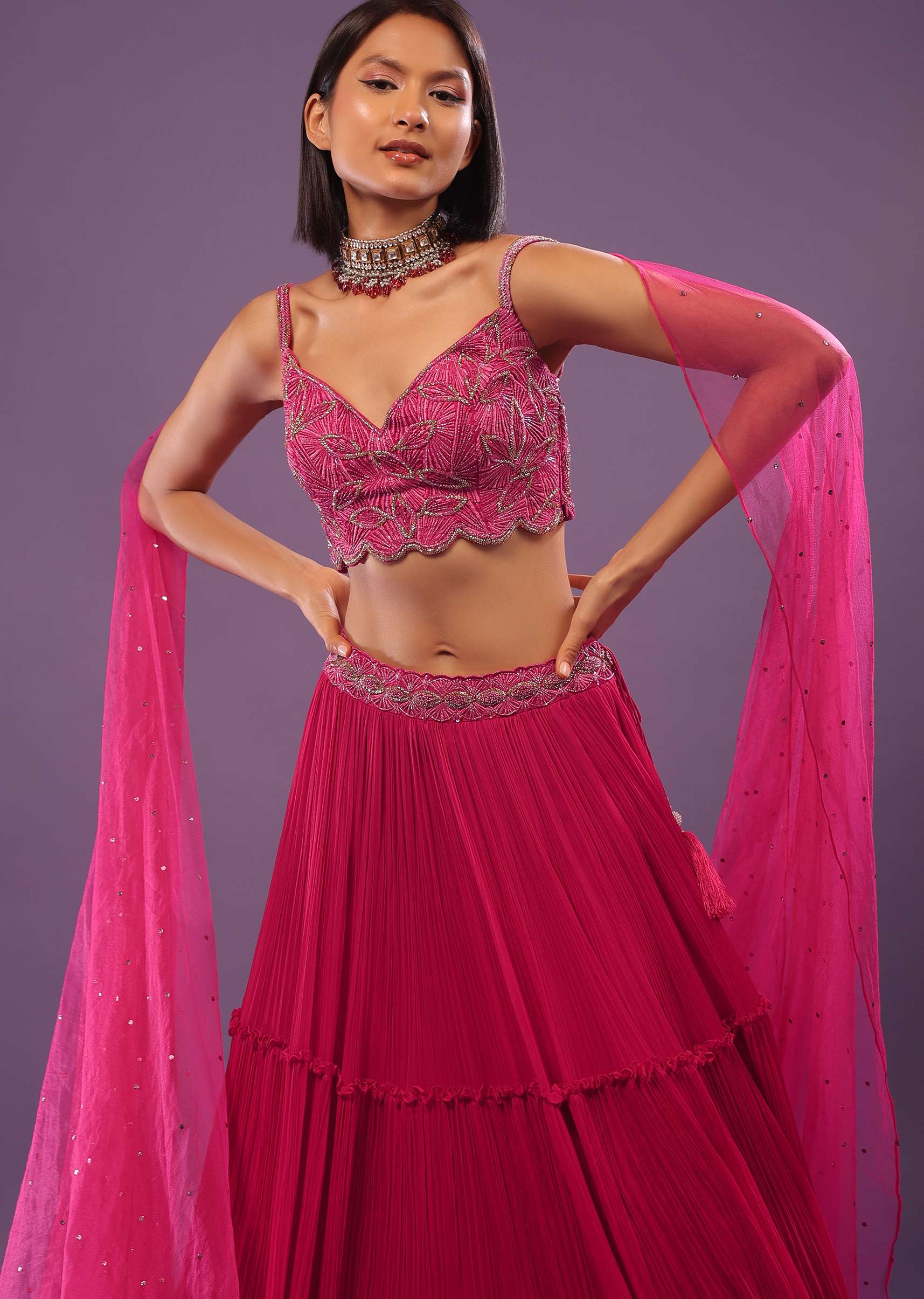 Hot Pink Lehenga Set In Viscose Georgette